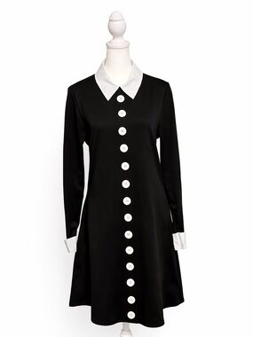 Black & White Collared Long Sleeve Shift Dress | Addams Family Collection